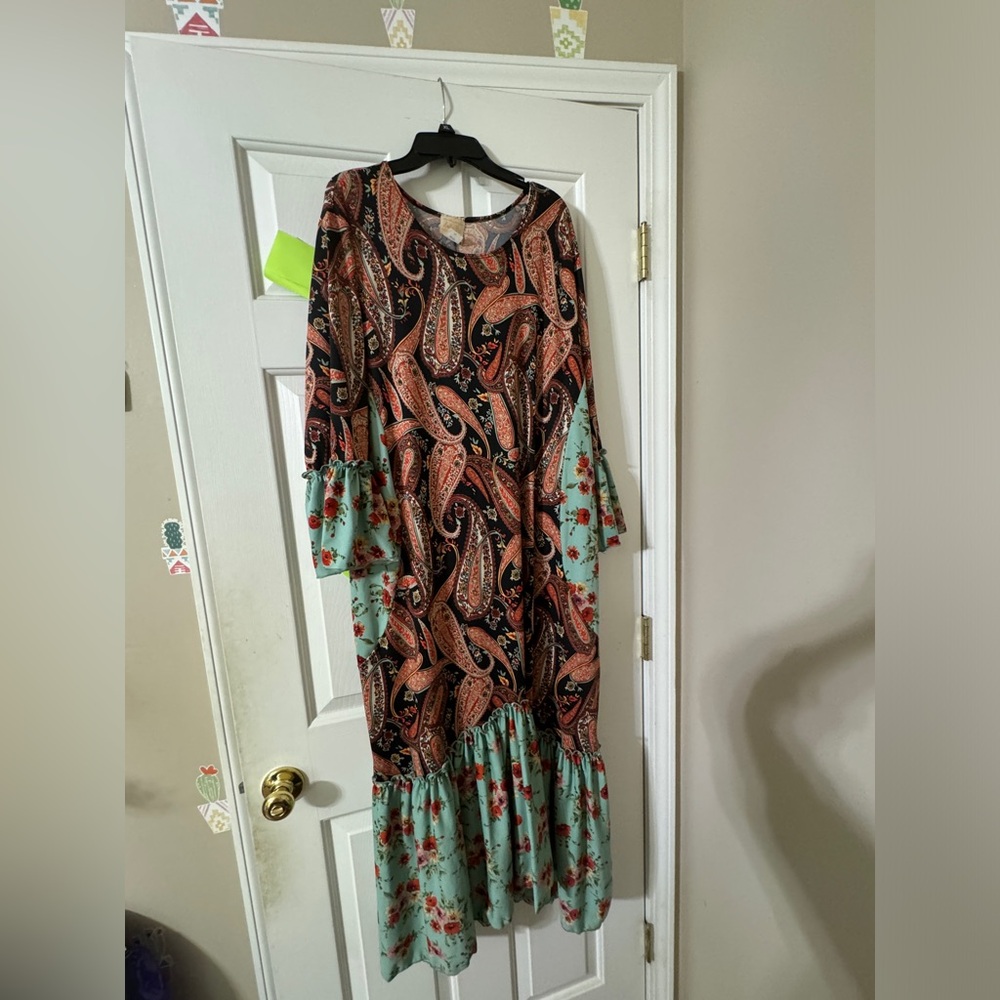 Zadie B’s Silky/Stretchy Teal, Orange, & Black Paisley Dress.